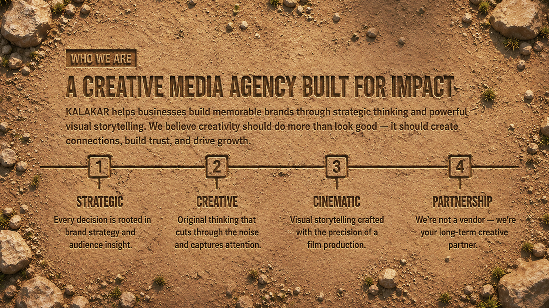 KALAKAR — Who We Are: A Creative Media Agency Built For Impact. 1. Strategic, 2. Creative, 3. Cinematic, 4. Partnership